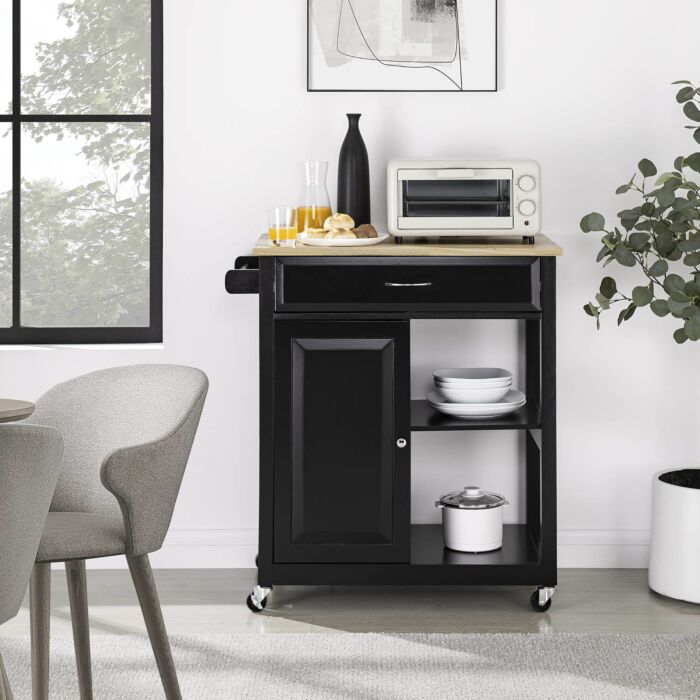 Chariot de cuisine Sina, avec plateau en bois d'hévéa et compartiment avec porte