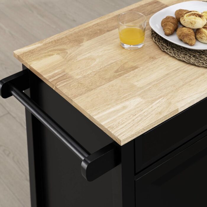 Chariot de cuisine Sina, avec plateau en bois d'hévéa et compartiment avec porte