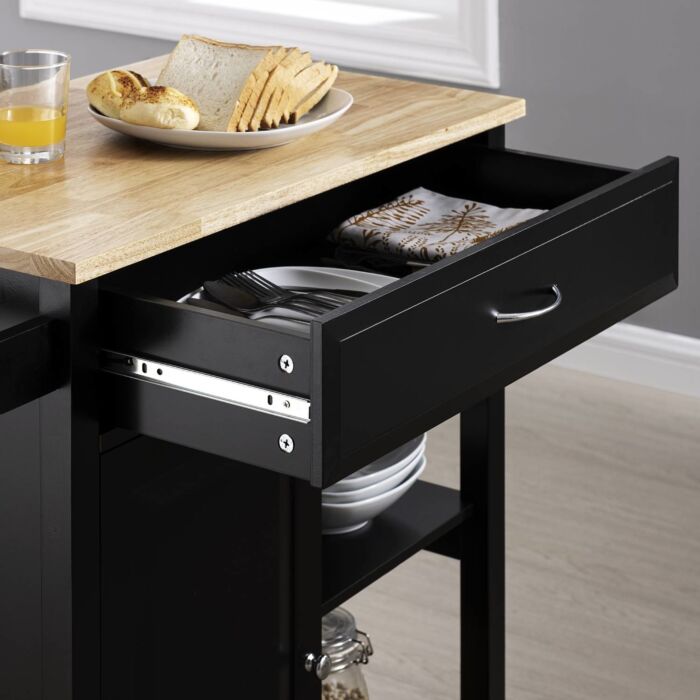 Chariot de cuisine Sina, avec plateau en bois d'hévéa et compartiment avec porte