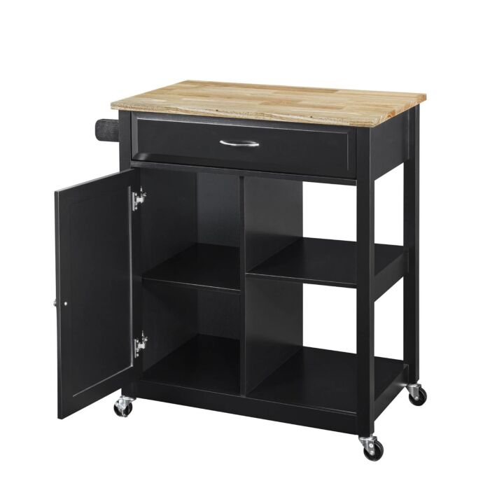 Chariot de cuisine Sina, avec plateau en bois d'hévéa et compartiment avec porte