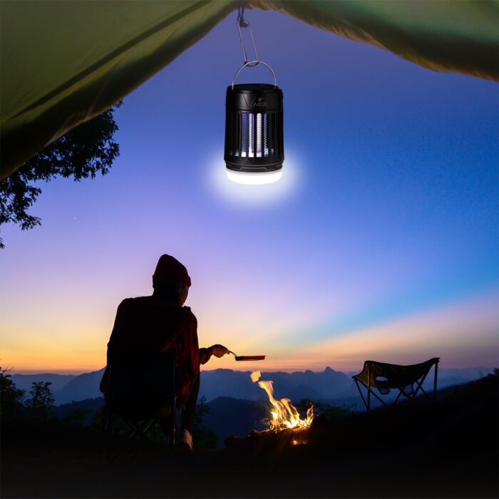 Piège à moustiques 4 en 1 avec module solaire, lumière UV, lampe de poche & fonction SOS
