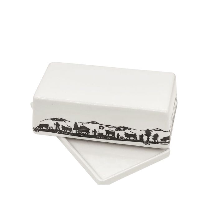 Beurrier en porcelaine «Montée à l'alpage», motif de papier découpé