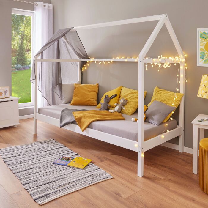 Hausbett aus massivem Kiefernholz, 90x200 cm, weiss lackiert