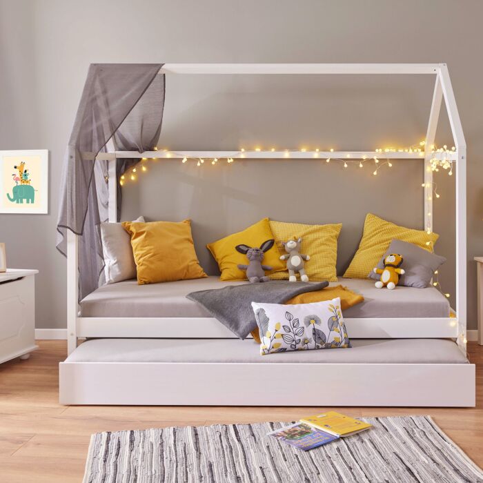Hausbett aus massivem Kiefernholz, 90x200 cm, weiss lackiert