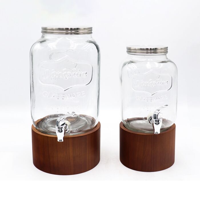 Distributeur de boissons en verre avec robinet, sur socle en bois
