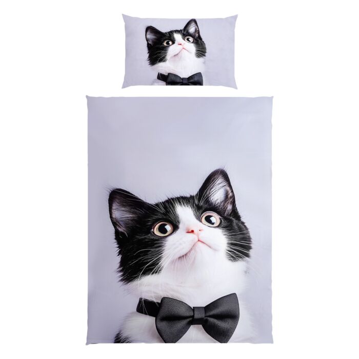 Bettwäsche mit Katzenmotiv und Fliege mit 3D Optik