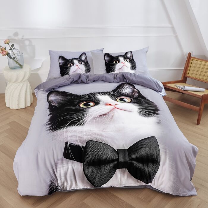 Bettwäsche mit Katzenmotiv und Fliege mit 3D Optik