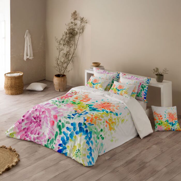 Linge de lit avec fleurs arc-en-ciel