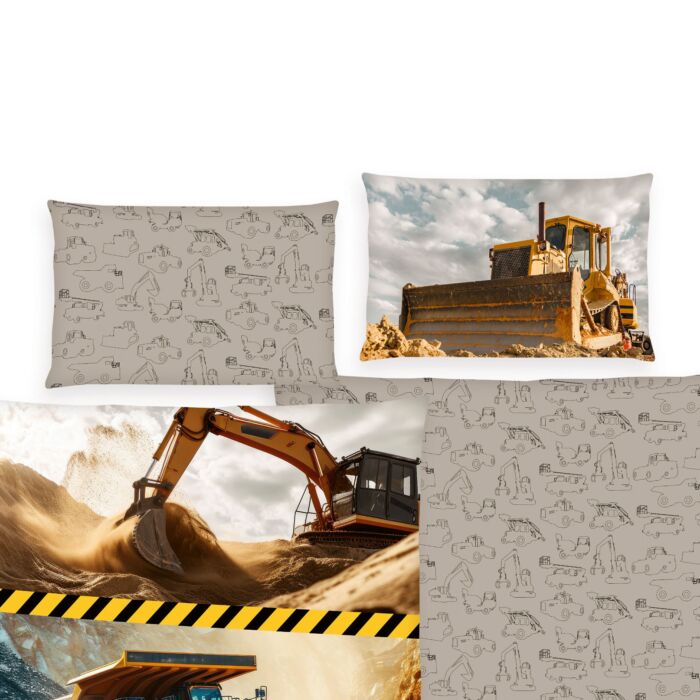 Parure de lit avec pelleteuses et camions
