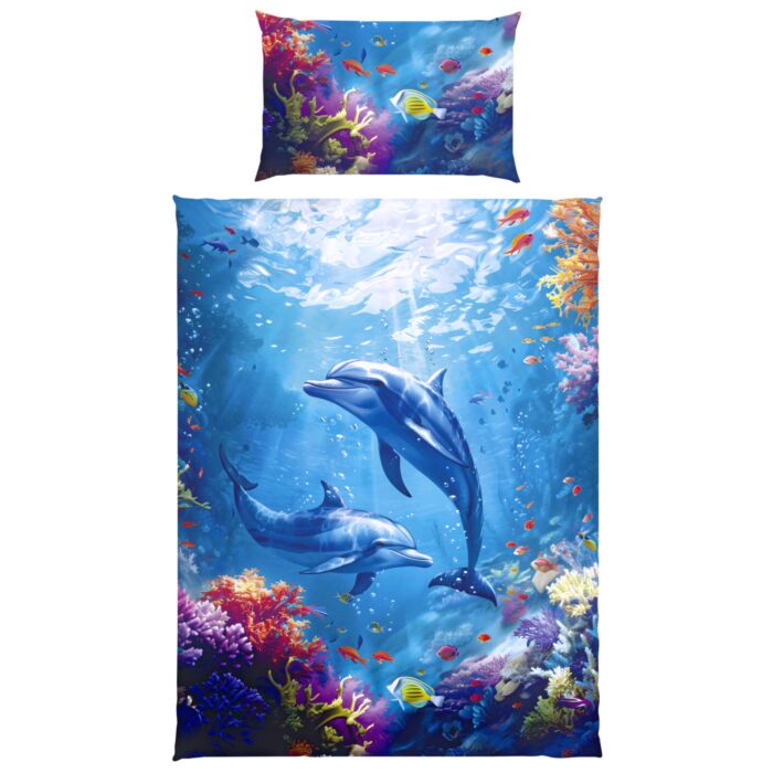 Linge de lit avec des dauphins dans un récif de corail