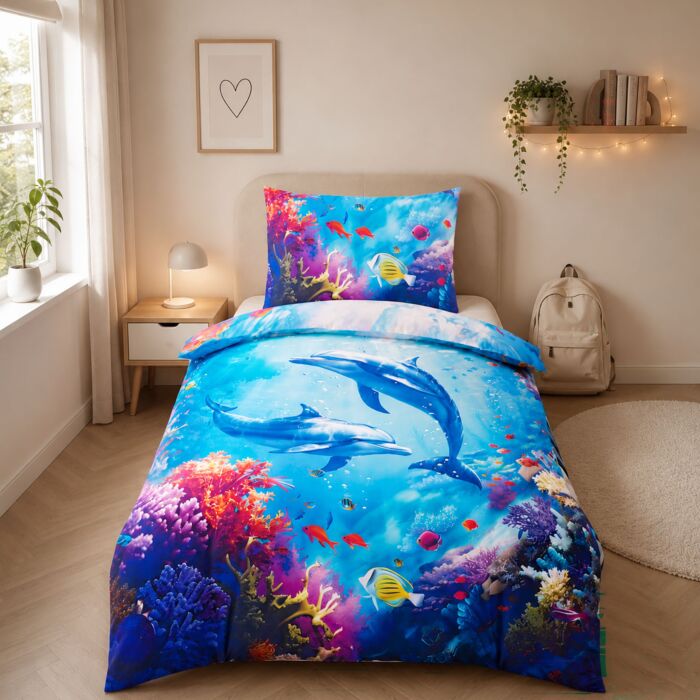Linge de lit avec des dauphins dans un récif de corail