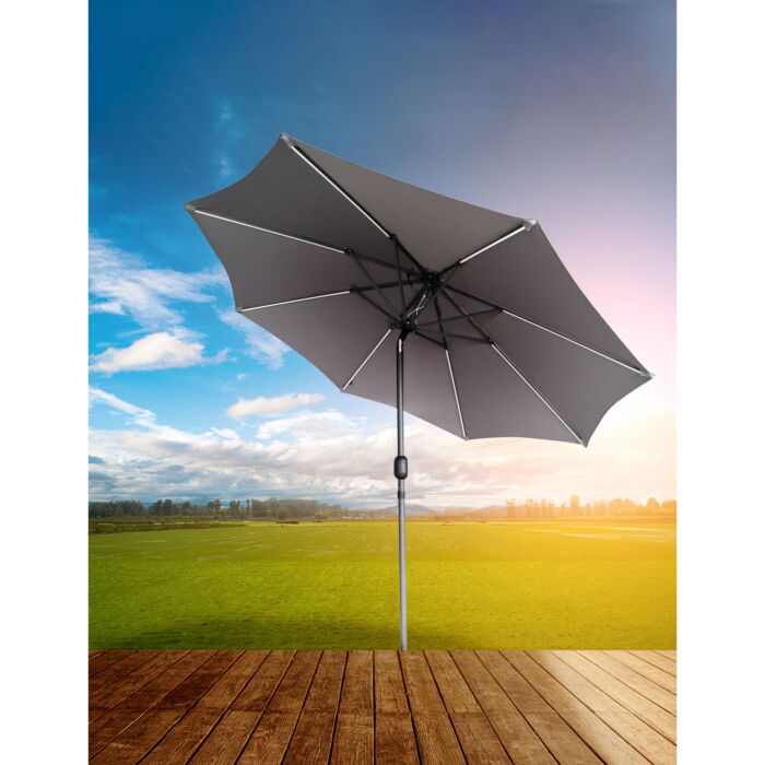 Parasol LED 270 cm, panneau solaire, gris