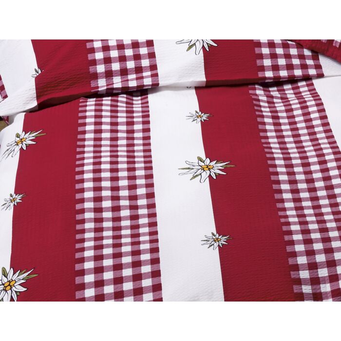 Linge de lit rouge et blanc avec motif edelweiss