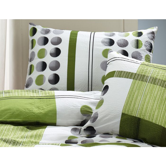 Parure de lit en seersucker, vert à rayures et pois