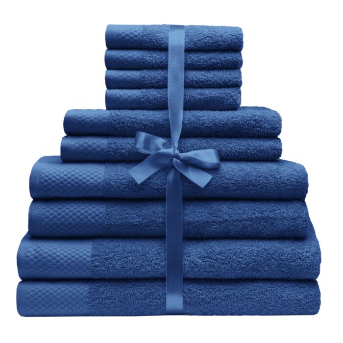 Lot de linge éponge « Uni », 10 pièces, absorbant et doux , bleu foncé