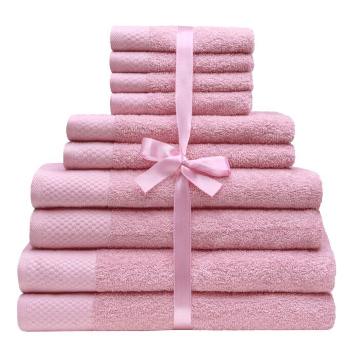 Lot de linge éponge « Uni », 10 pièces, absorbant et doux , rose