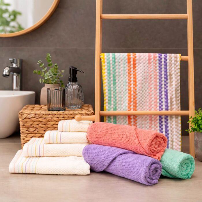 Linge éponge « Alessa », avec bordure à rayures multicolores, absorbant