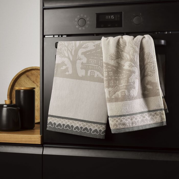Linge de cuisine «Papier découpé», lot de 2 avec motif de chalet